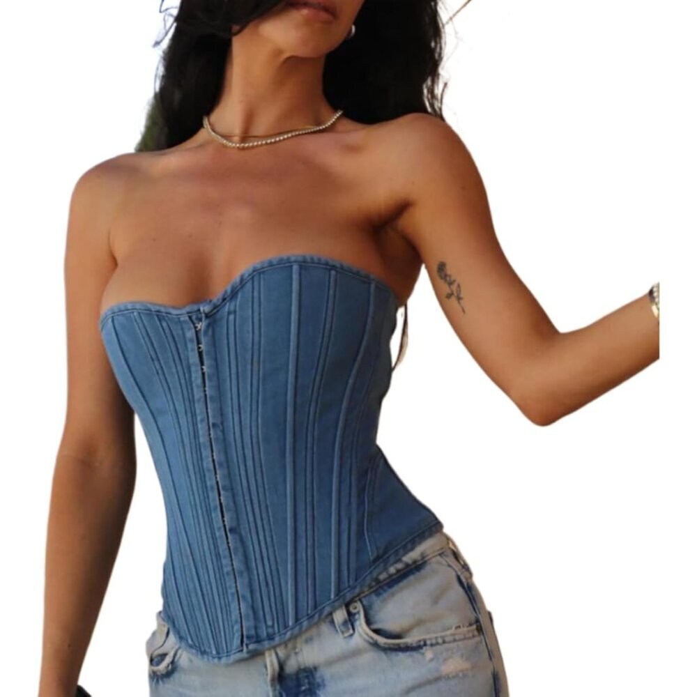 Denim Corset Top Women Elastic Waist Slim Crop Sleeveless Shaping